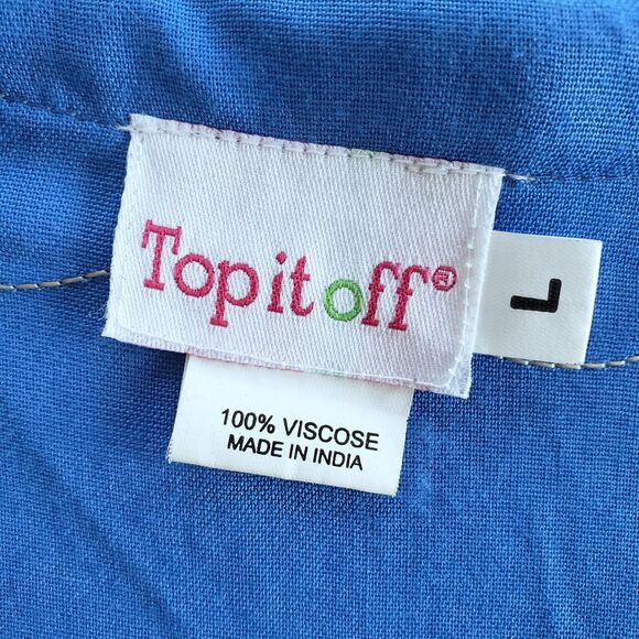 Boho Tunic Women L Blue Relaxed Top Lagenlook Peasant Hippie Coastal Embroidered - Picture 10 of 12